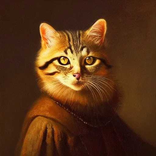 Prompt: anthropomorphic cat proudly posing for a portrait, painted by rembrandt intricate ultra detailed painting atmospheric lighting golden hour