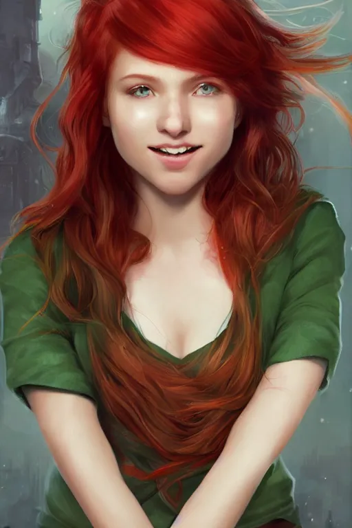 Image similar to beautiful cute red haired joyful and playful nineteen year old girl standing up in casual green clothing, long hair, modern city, rpg character, sci - fi, fantasy, intricate, elegant, digital painting, artstation, concept art, smooth, 8 k frostbite 3 engine, ultra detailed, art by artgerm and greg rutkowski and magali villeneuve