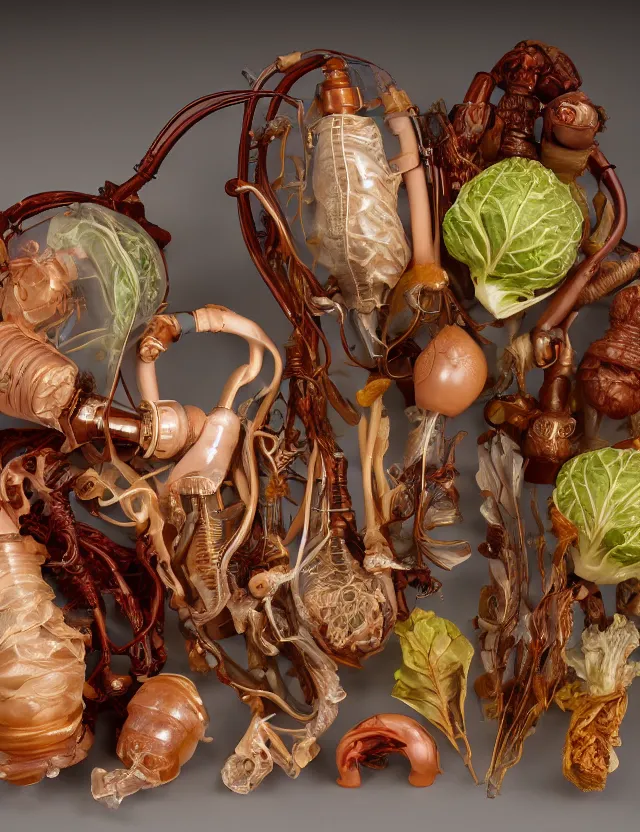 Image similar to a well - lit studio photograph of various earth - toned plastic translucent artificial hearts and organs, some wrinkled resembling reddish brown plastic cabbage, some long, various sizes, textures, and transparencies, beautiful, smooth, layered detailed, intricate art nouveau internal anatomy model, encased in clear plastic