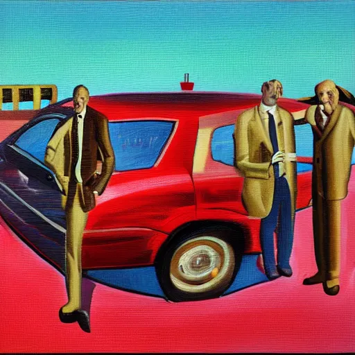 Prompt: used car salesman surreal oil painting, chromatic aberration, horror