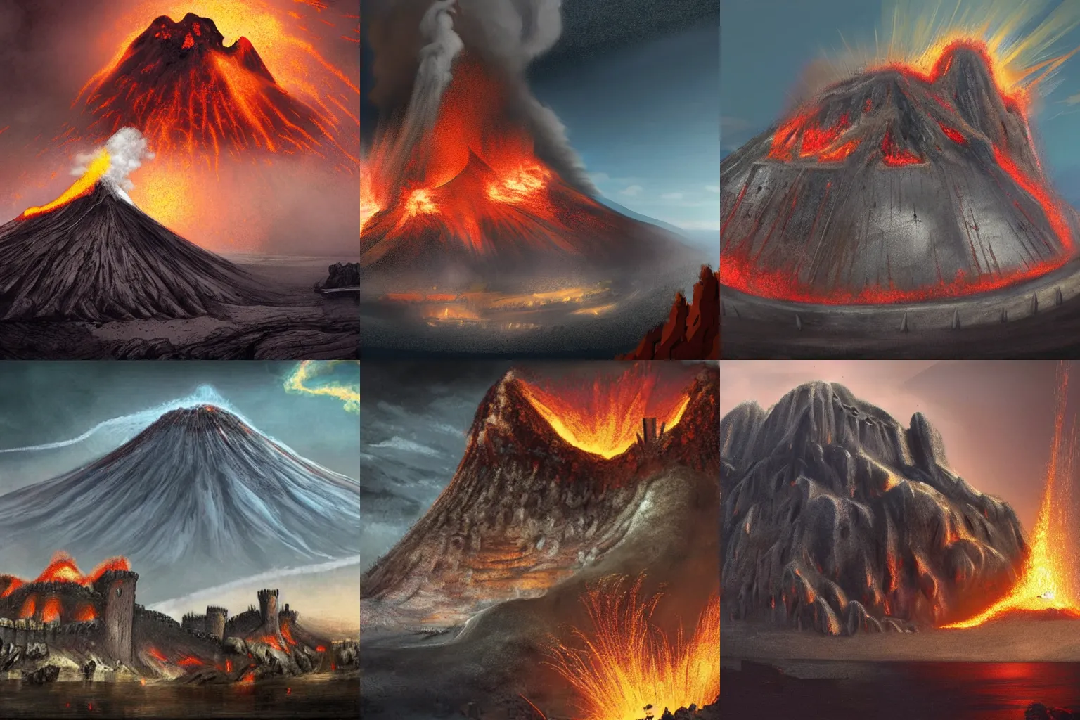 Prompt: Medieval fortress built into an erupting volcano. Fantasy. Cinematic. Concept art.