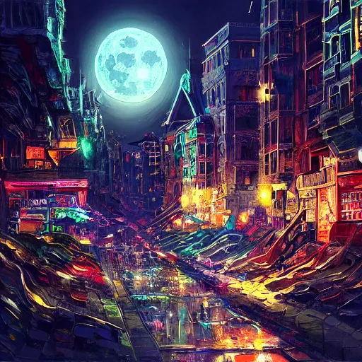 Prompt: “Stunning painting of a view of crowded city under magic mushroom effect by concept art, digital art, moon light,weird signs, highly detailed, medium shot, Artstation HD, 8K Resolution High Quality”