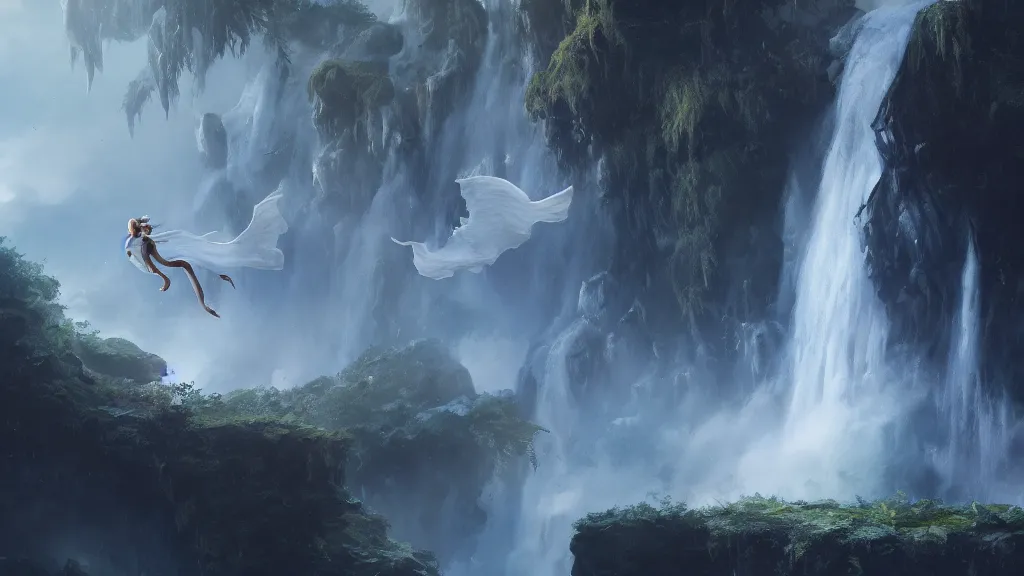 Prompt: a flying ghost!!!, close up, waterfall in the background, hyperdetailed, artstation, cgsociety, 8k