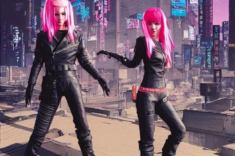 Image similar to punk leather samurai with pink hair. tokyo can be seen in the distance. art in the style of vincent di fate's cyberpunk 2 0 2 0.