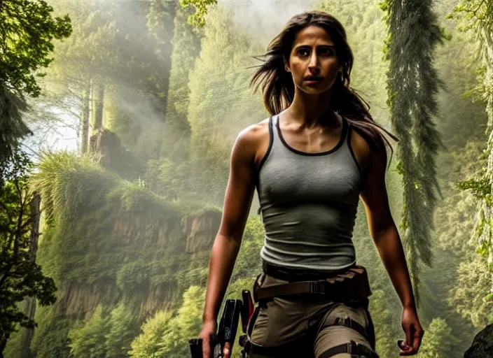 Image similar to film still of!!!! naomi scott!!! as lara croft in new tomb raider movie, 8 k