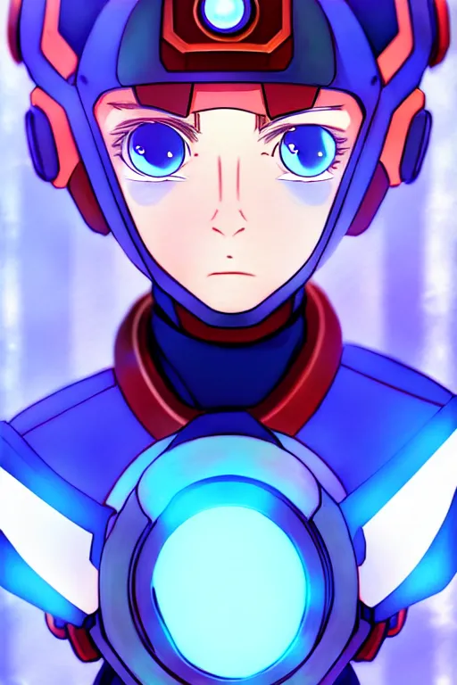 Prompt: Futuristic beautiful female megaman portrait by Makoto Shinkai