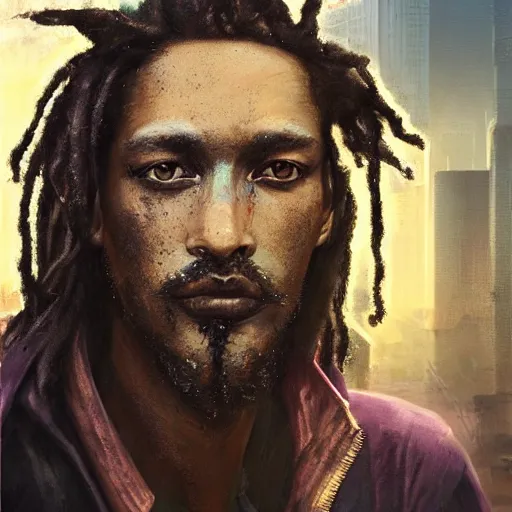 Image similar to cyberpunk, closeup portrait of a shaggy cyberpunk rastafarian, tired, stubble beard, washed up, dramatic light, city background, sunset, dystopian setting, high contrast, sharp, neuromancer, henry dorsett case, painted by stanley lau, painted by greg rutkowski, painted by stanley artgerm, digital art, trending on artstation