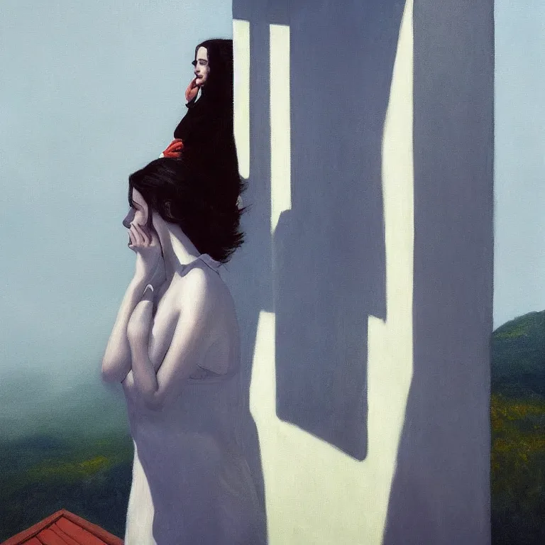 Image similar to portrait of Eva Green on a roof, fog, early morning, , painted by Edward Hopper, painted by Wayne Barlow, airbrush