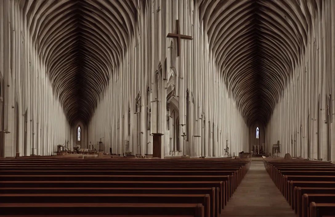 Prompt: in this church interior, vertical lines suggest spirituality, rising beyond human reach toward the heavens. low polygon count cloister quadrangle intact flawless ambrotype from 4 k criterion collection remastered cinematography gory horror film, ominous lighting, evil theme wow photo realistic postprocessing magic painting by rob gonsalves directed by kurosawa