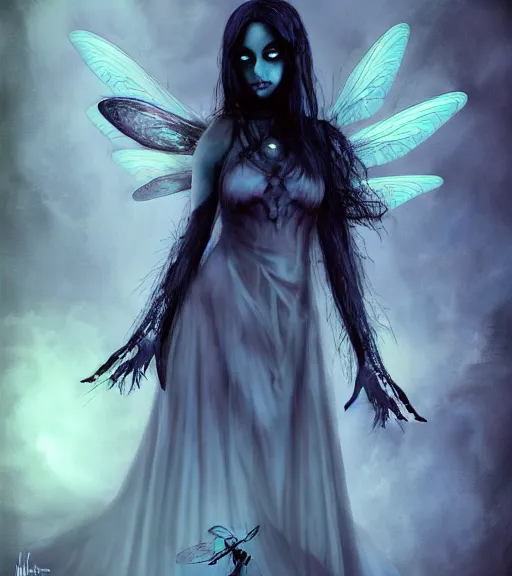 Image similar to gothic fairy with dragonfly wings, digital painting, liminal eerie midnight backlit, a picture taken by Michael Komarck