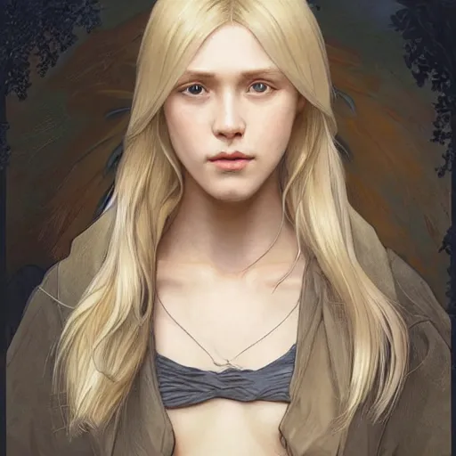 Prompt: Blonde Girl from TLOU with thin lips, pronounced cheekbones, hair of medium length (longer caret), highly detailed, digital painting, artstation, concept art, smooth, sharp focus, illustration, ArtStation, art by artgerm and greg rutkowski and alphonse mucha and J. C. Leyendecker and Edmund Blair Leighton and Katsuhiro Otomo and Geof Darrow and Phil hale and Ashley wood and Ilya repin and Charlie Bowater