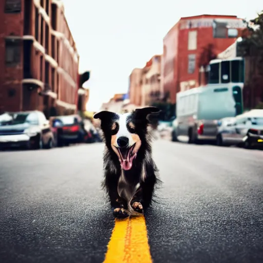 Image similar to a dog doing a hand stand in the middle of a busy road, realistic, 35mm photograph