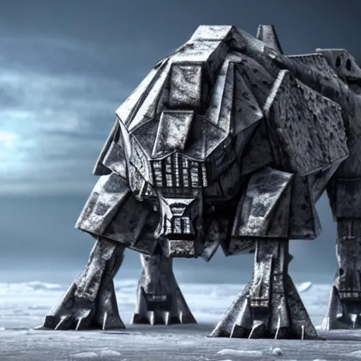 Image similar to a fusion between the tarrasque and an AT-AT, flat grey color, completely metal, walking across ice planet, hyper-realistic CG