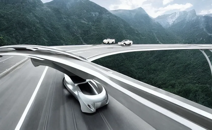 Image similar to futuristic car driving on elevated highway above a valley made of chrome tiles