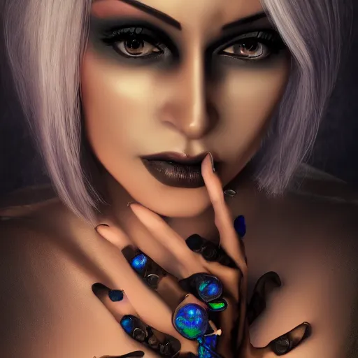 Image similar to charcter design, beautiful : : 3 stunning drow woman : : 2 face, black opal leafs covering her body, full body, symetrical, 4 k, photorealistic, octane render