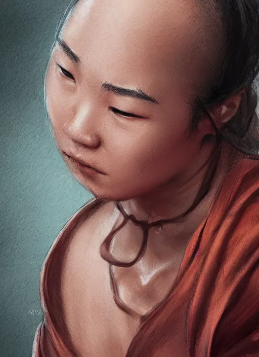 Image similar to female drunken master monk by wlop, wuxia, xianxia, drunken boxing, drunken fist, olive skin, weathered skin, athletic, playful, fully clothed, monk's robe, detailed, realistic, anatomically accurate, fantasy illustration, artstation, wlop.