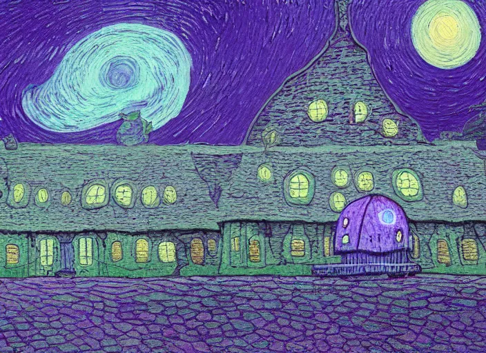 Image similar to detailed painting of a mysterious house inside a giant purple mushroom, mystical dark purple landscape at night, dark purple sky, blue bioluminescent life, in the style of moebius and studio ghibli and vincent van gogh and claude monet