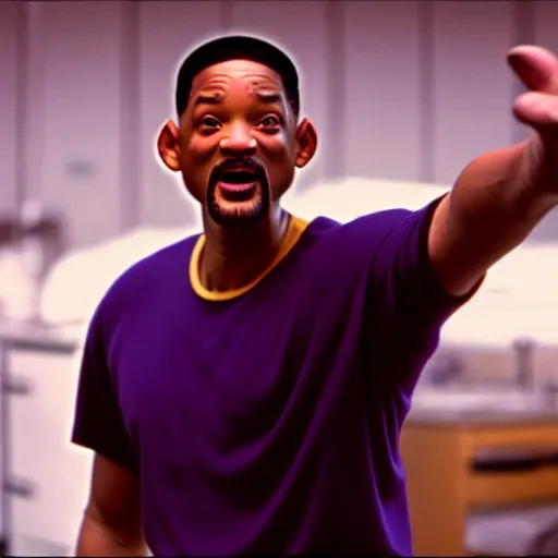 Prompt: will smith with 4 arms holding up his giant hand.. training montage, movie still, cinematic lighting, 3 5 mm film.