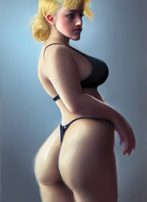 Image similar to full body portrait, teenage lili reinhart, blonde hair, obese, bangs, ponytail, sultry, realistic, sultry smirk, fluffy bangs, curly bangs, fat, belly, intricate, elegant, highly detailed, digital painting, artstation, concept art, smooth, sharp focus, illustration, art by wlop, mars ravelo and greg rutkowski