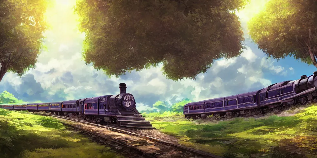 Image similar to A beautiful illustration of beautiful Hogwarts train, castle, leaves, trees, steam, magic, wide angle, by makoto shinkai, Wu daozi, very detailed, deviantart, 8k, wallpaper, tropical, colorful, airy, anime illustration, anime nature wallpap