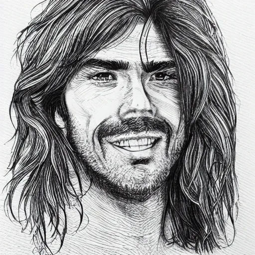 Prompt: a micron pen drawing of fabio, detailed