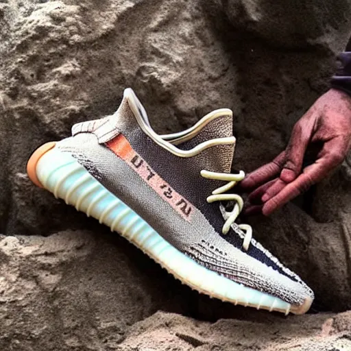 Image similar to archaeologists find a mummy wearing yeezy boost 3 5 0 v 2