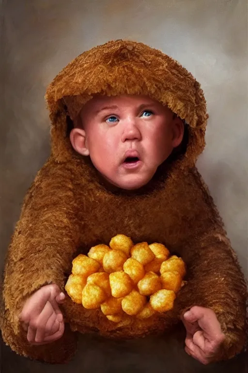 Image similar to channing tatum in a tater tot costume, oil on canvas, intricate, portrait, 8 k highly professionally detailed, hdr, cgsociety