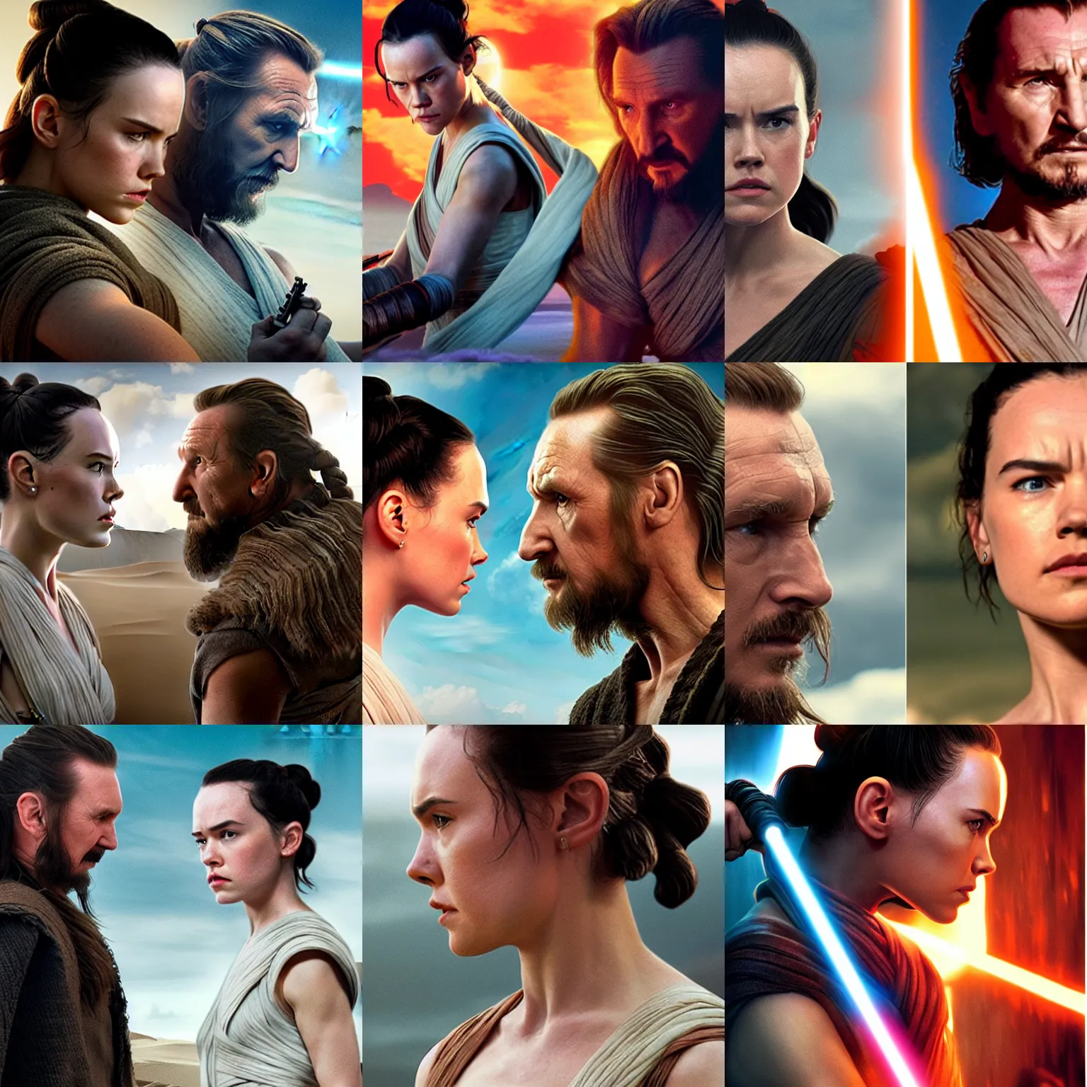 Prompt: side view of daisy ridley as rey, facing liam neeson as qui - gon, scifi movie poster