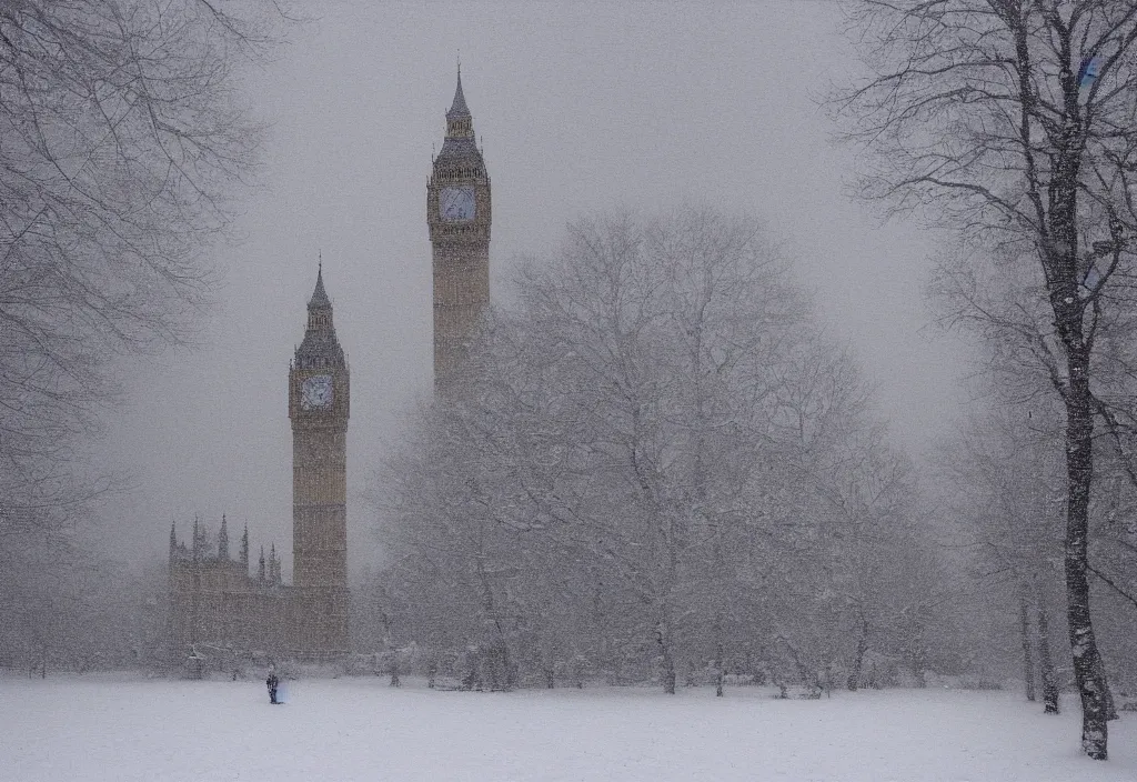 Image similar to big ben covered in snow in a snowy forest in the style of claude monet, digital art.