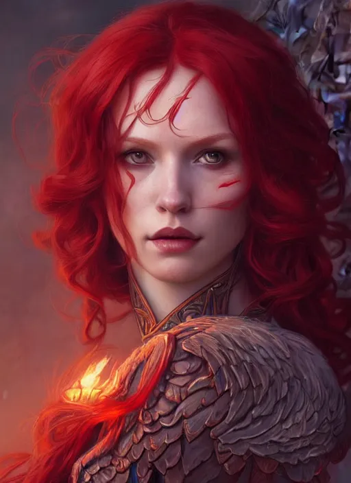 Image similar to a beautiful red haired woman as the angel of death, deep focus, d & d, fantasy, intricate, elegant, highly detailed, digital painting, artstation, concept art, matte, sharp focus, illustration, hearthstone, art by artgerm and greg rutkowski and alphonse mucha