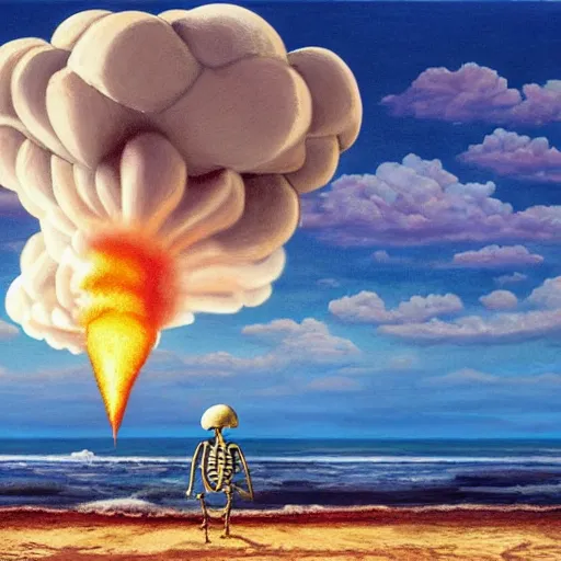 Image similar to a skeleton walking on a beach next to the ocean with nuclear bomb explosion in the background, a naturalism painting by Storm Thorgerson, featured on cg society, matte painting, realistic, chillwave, anatomically correct, light colors, photo-realistic huge mushroom-cloud on the horizon