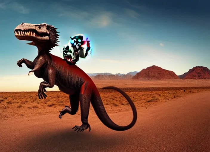 Image similar to Monkey riding T-Rex, Tyrannosaurus rex, saddle, mounted, digital art, Utah desert, monkey, monkey riding t-Rex, 8k