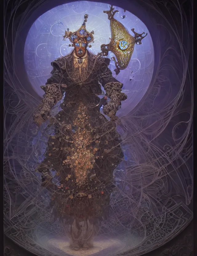 Image similar to front shot of a court jester character, hyperdimensional, bioluminescent hypercubes, ((intricate)), elegant, highly detailed, centered, (((artstation, concept art, smooth, sharp focus, artgerm, Tomasz Alen Kopera, Peter Mohrbacher, donato giancola, Joseph Christian Leyendecker, WLOP, Boris Vallejo))), mugshot!!!!!, ugly!!!!!!, octane render, nvidia raytracing demo, grainy, muted, 8K, digitalblasphemy