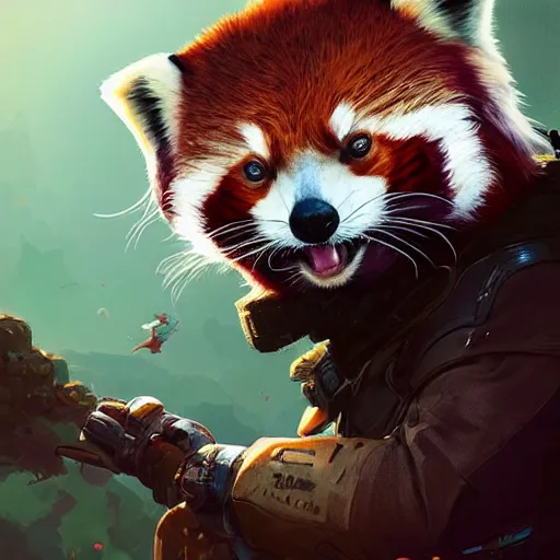 Image similar to red panda as apex legends character, digital illustration portrait design, by android jones and greg rutkowski, retrowave color scheme, detailed, cinematic lighting, wide angle action dynamic portrait