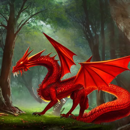 Prompt: red fire dragon in verdant forest, dnd character, background focus, high fantasy, magic, regal, realistic textured skin, gemstone textured scales, wings extended, spitting fire, huge eyes, clear clean, by lya kushinov, Avetetsuya Studios, Alexandra Fomina artstation, by Makoto Shinkai, Shinerai, matte painting