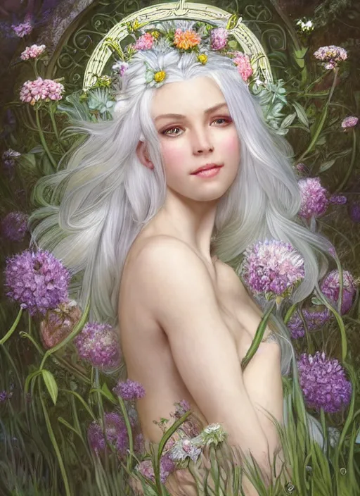 Image similar to highly detailed ilustration of a beautiful white haired woman as a fairy princess in a garden holding a bunch of wild flowers, deep focus, d & d, fantasy, intricate, elegant, highly detailed, digital painting, artstation, concept art, matte, sharp focus, illustration, hearthstone, art by artgerm and greg rutkowski and alphonse mucha and marco mazzoni