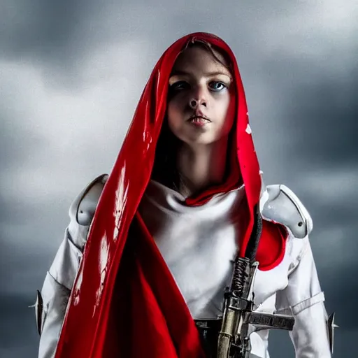 Image similar to a young female soldier wearing blood-spattered glossy sleek white dinged scuffed armor and a long torn red cape, heroic posture, determined expression, elegant, battle weary, no helmet, rain, jungle, dramatic lighting, cinematic, sci-fi, hyperrealistic, detailed