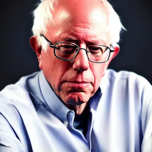Prompt: bernie sanders arms crossed on chair, under electron microscope