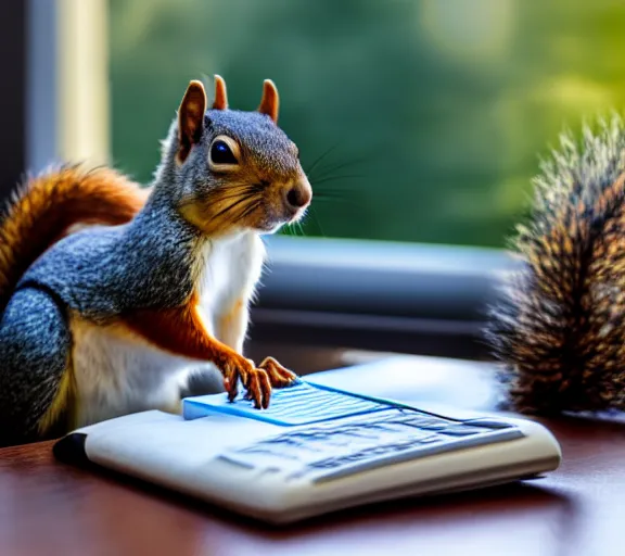 Prompt: a squirrel doing his taxes, 4 k, stock photography, sunlight coming through a window, very detailed,