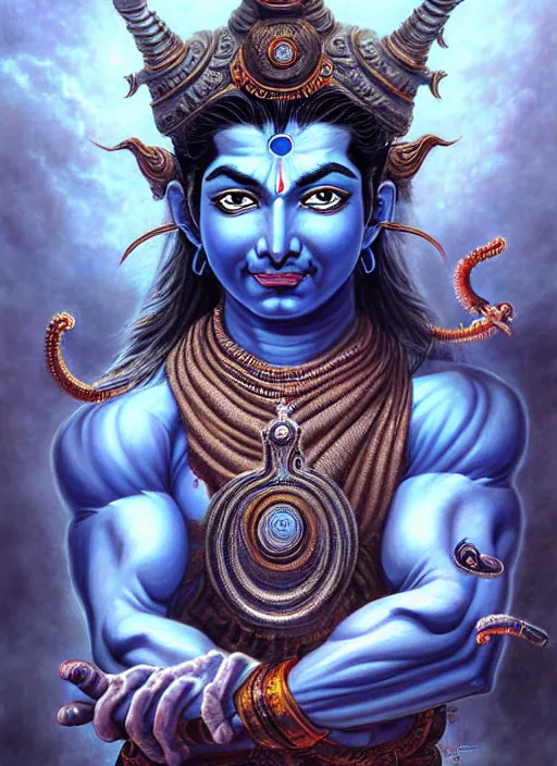 Prompt: god shiva the destroyer, 4!!!! arms!!!! blue skin an ultrafine detailed painting by ayami kojima, cgsociety, fantasy, anime digital art, lovecraftian, cosmic horror, detailed painting