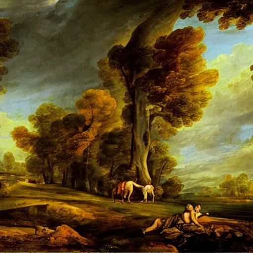 Image similar to landscape painting by nicholas pussin, thomas gainsborough, claude lorrain, dramatic, cinematic, picturesque, beautiful, grandiose, serene