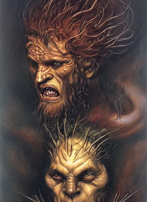 Image similar to portrait of grizzled male god of the damned, black iron crown, claw scars, strong line, deep color, beautiful! coherent! by boris vallejo, by brian froud