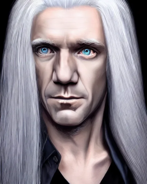 Image similar to portrait of 4 0 - year - old man with long white hair with a pale complexion, malfoy lucius, clear face, pointed face and grey eyes, hyper realistic face, beautiful eyes, character art, art by mark brooks, hyperdetailed, cryengine, trending on artstation, digital art