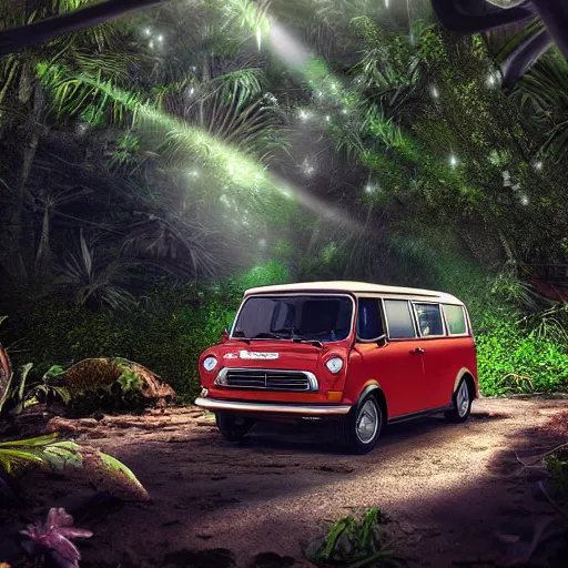 Prompt: a mini van in the middle of the jungle, hyperdetailed, ambient occlusion, PFP, lensflare, octane