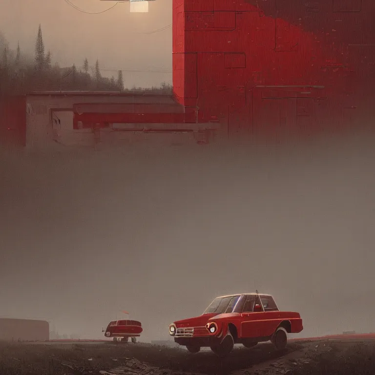 Prompt: Beautiful ultradetailed illustration of a Red race car by Simon Stalenhag, in a brutalist yet rural landscape by Simon Stalenhag, 35mm film photography, wallpaper 4k, dawn, eerie fog