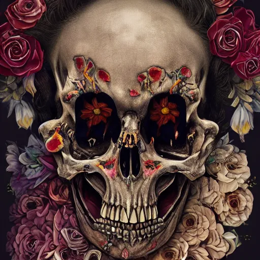 Image similar to A very detailed horrifying portrait painting of the prince of death, floral patterned skin, occult, 8k, trending on artstation cgsociety, masterpiece, in the style of DiscoDiffusion.