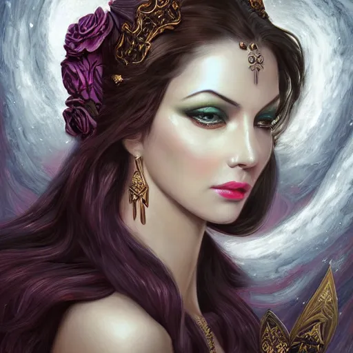 Prompt: An extremely ornate portrait of a Liliana Vess, ultradetailed, intricate, elegant, digital art painting, smooth, sharp focus, magazine art cover illustration, regal, award winning picture, extremely detailed masterpiece, sense of awe, featured on Artstation, Artgerm, magic the gathering, mtg, D&D, dungeons and dragons,8K detail post-processing