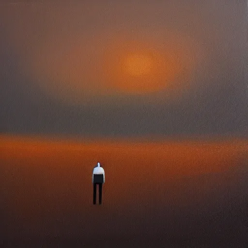 Prompt: an elegant minimalist oil on painting of a lonely man wandering in the burning desert, glittering, low dof, sparks