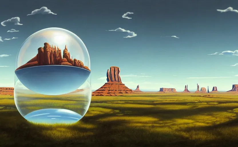 Image similar to a scary hyperrealist painting of a rocketship in a giant transparent forcefield crystal ball from howl's moving castle ( 2 0 0 4 ) in a flooded monument valley stonehenge jungle. depth perception, 4 k, artstation, in the style of studio ghibli