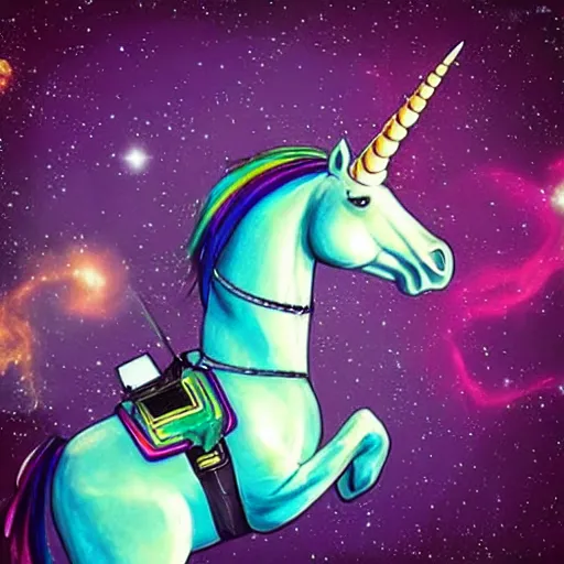 Prompt: “DMX riding a unicorn in space”